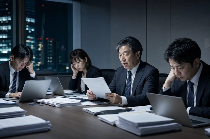 薄暗いオフィスで、報告だけが続く会議
