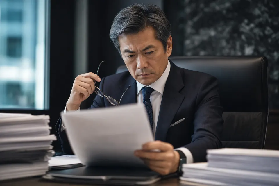 分厚い案件資料を厳しい表情で精査するPEファンドの投資担当