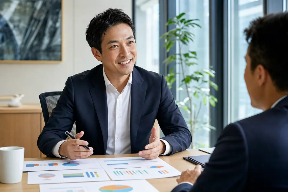笑顔で打ち合わせる事業本部長
