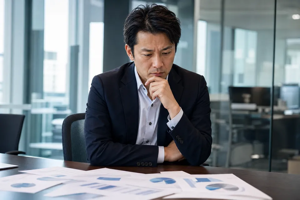 資料を前に考え込む事業本部長