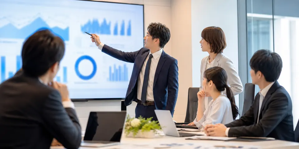 明るい会議室でチームがダッシュボードを囲み次の一手を決める様子