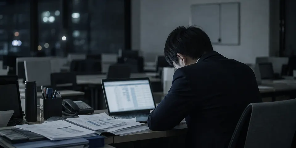 夜のオフィスで一人、資料とリストに向かう営業担当