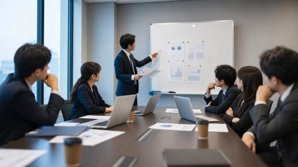 資料を前に進む営業会議の風景