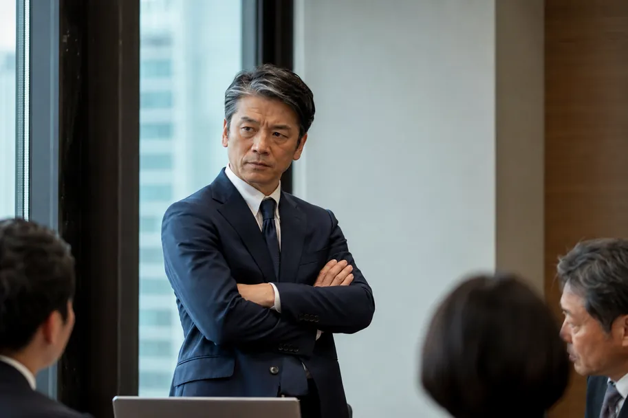 会議室で腕を組み、厳しい表情で立つ事業責任者