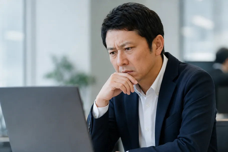 デスクでモニターを前に、口元に手を当てて考え込むマーケティング責任者