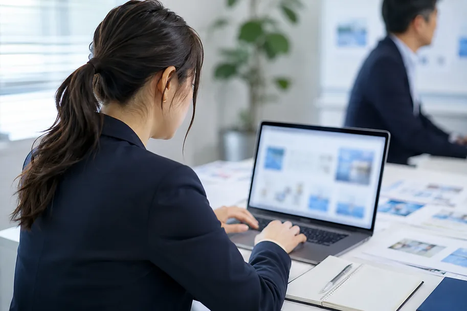 ノートPCで自社の企画書を組み立てる演習の手元