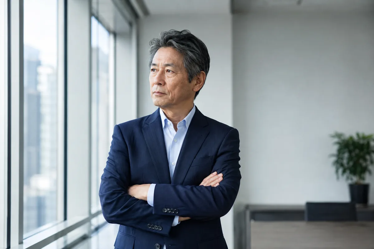 窓際で腕を組み、考え込む事業責任者