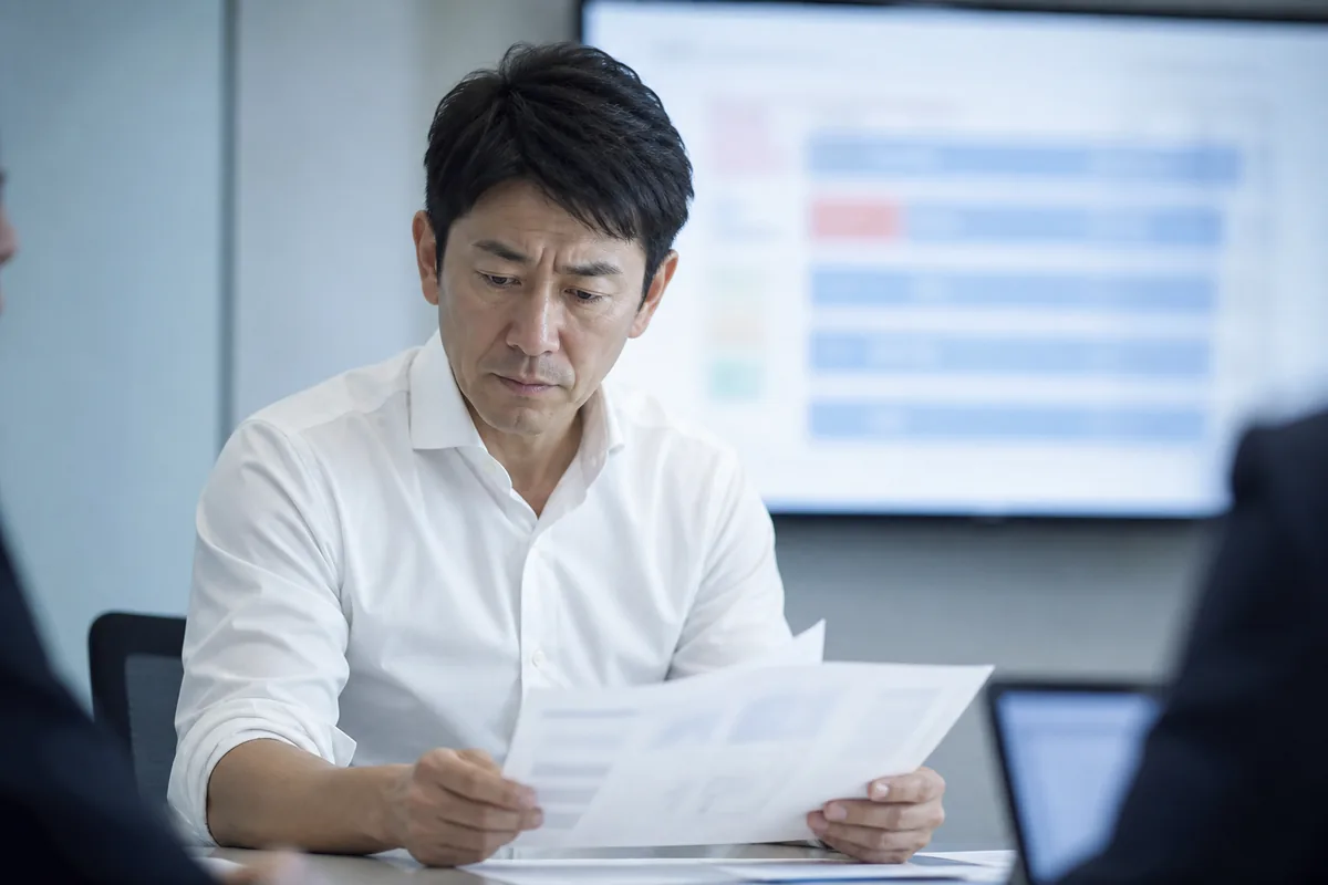 会議室で資料を見ながら難しい表情を見せる、営業と兼務のマーケティング担当